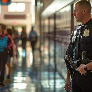 students walking down a school hallway with security officer looking on