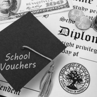 picture of graduation cap reading "school vouchers" on top of diploma and cash