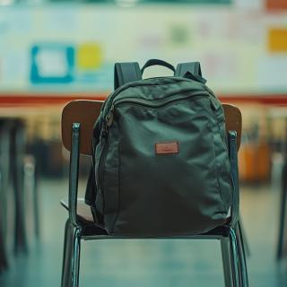 backpack on chair in empty classroom