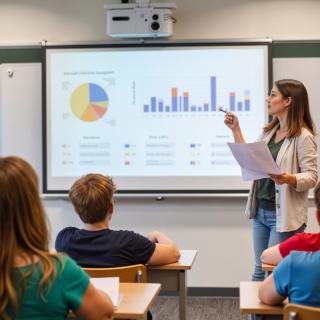 Teacher pointing at graph with students watching