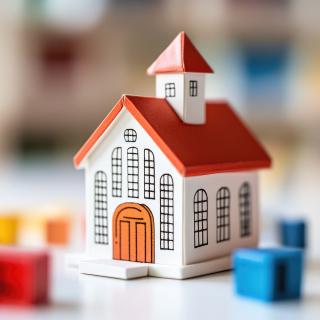 Model of white church with red roof among colorful letter blocks